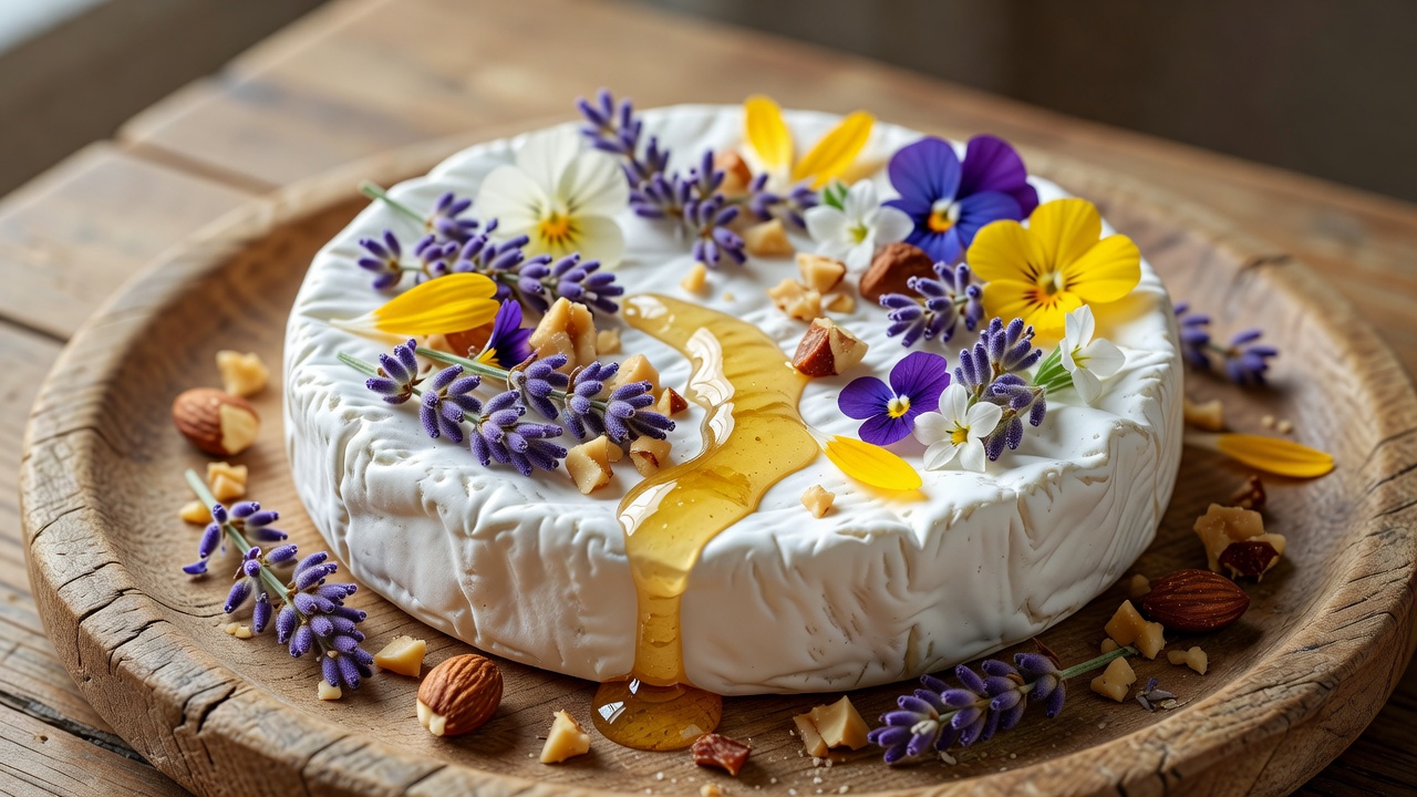 Artisanal raw-milk Normandy Camembert wheel decorated with fresh organic lavender florets, edible flowers, honey, and roasted nuts on a rustic wooden platter