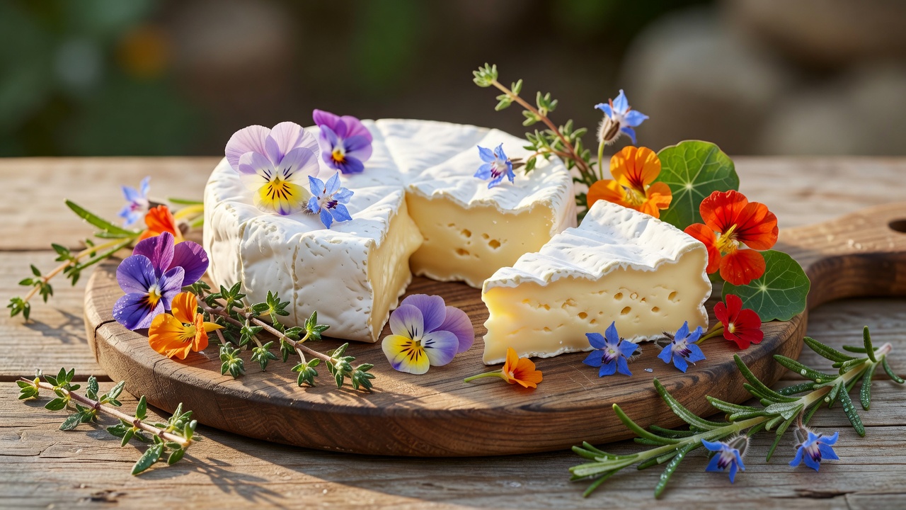Fresh organic edible flowers and herb garnishes arranged alongside a soft-ripened French cheese board