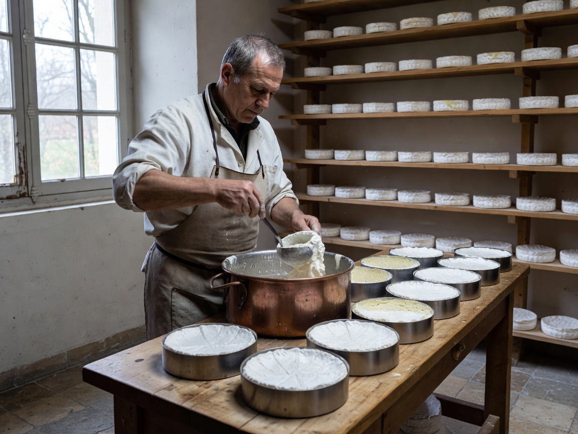 Master cheesemaker hand-crafting artisanal soft-ripened Camembert cheese wheels at Atelier Lisieux in Normandy France
