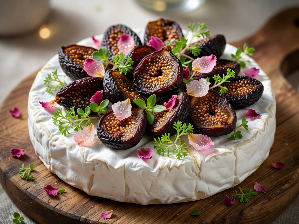 Rose and Fig Celebration Camembert wheel with dried black mission figs, candied rose petals, and organic micro-herbs