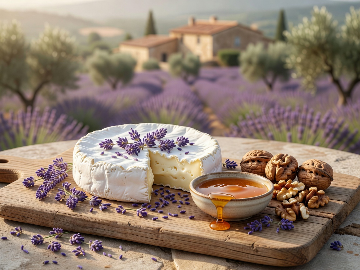 The Provence Blossom Camembert platter featuring aged soft-ripened cheese, organic lavender buds, acacia honey, and French walnuts