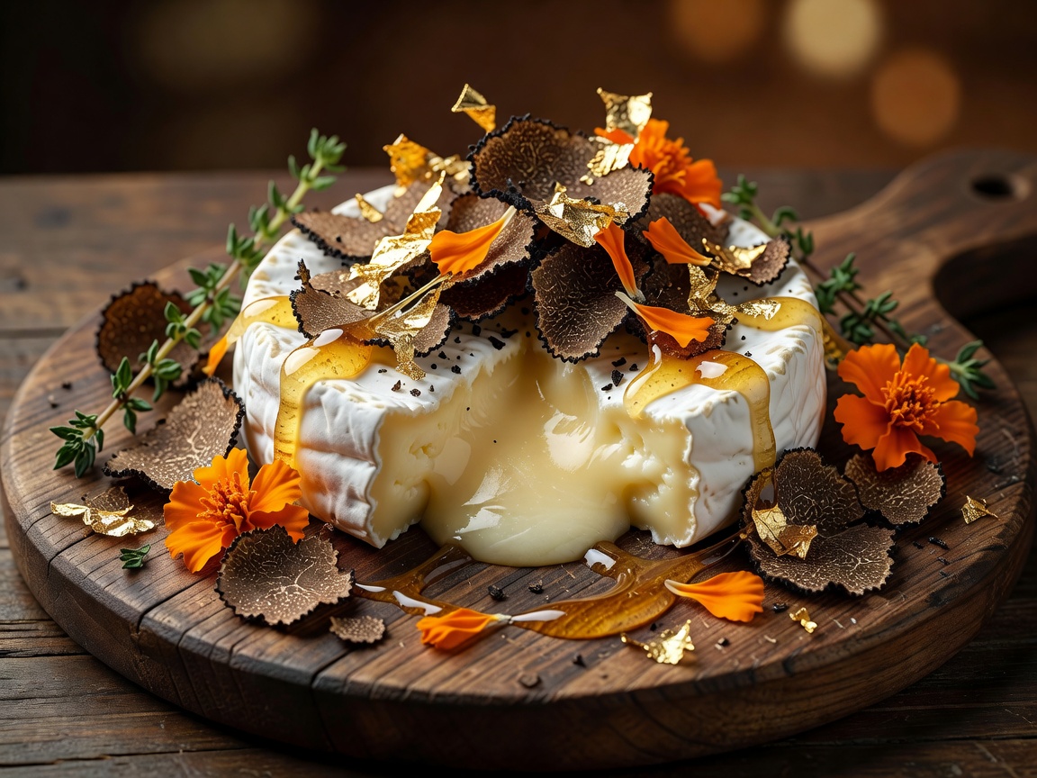 Truffle and Edible Gold Camembert platter adorned with black truffle shavings, 24k gold leaf, marigolds, and thyme honey